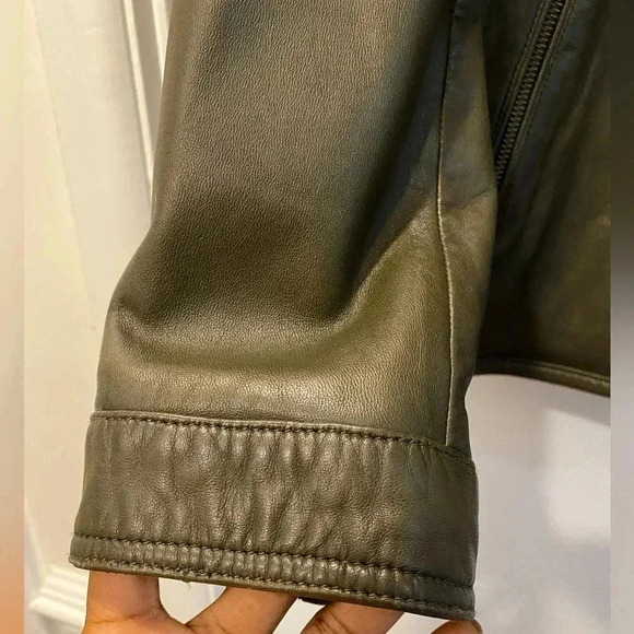 Massimo Dutti Mens Sheep Leather Olive Green Biker Jacket Sz XL - Picture 7 of 9